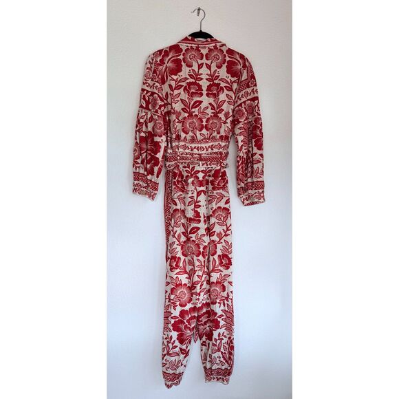 FARM Rio Pineapple Garden Floral-Print Linen-Blend Jumpsuit in Red & White Sz M - Picture 8 of 16